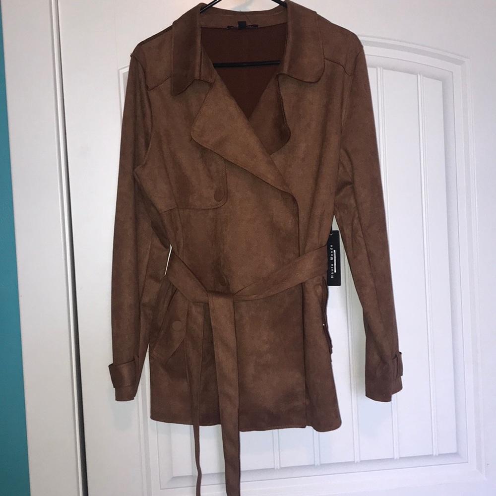 Brown suede button up/tie jacket